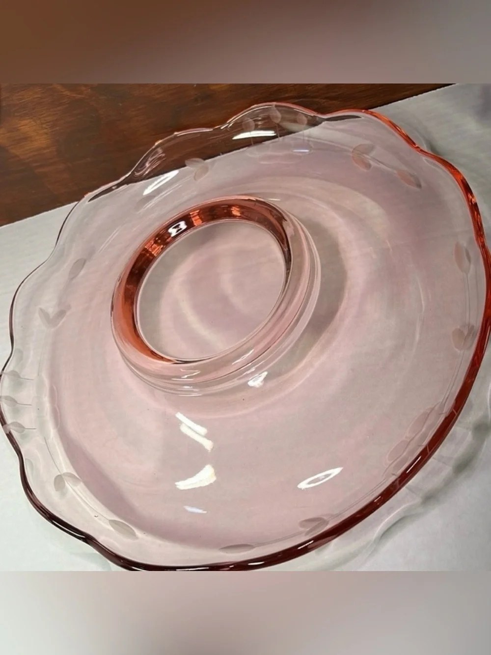 Vintage Cambridge Pink Depression Glass Console Bowl Acid Etched Floral 10.5”